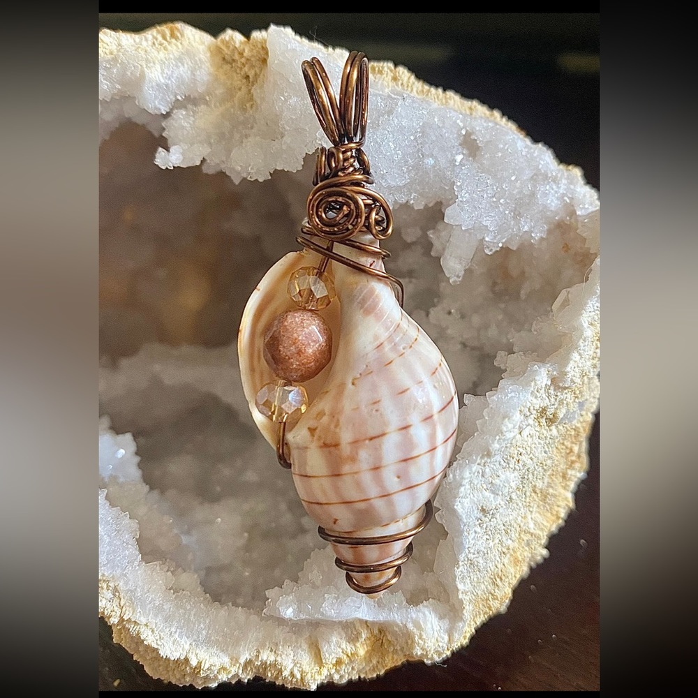 Wire Wrapped Banded Tulip Seashell Pendant